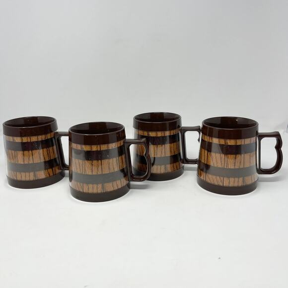 VTG Thermo Serv Insulated Coffee Cups Brown Wood Barrel Stripe Mugs - Set of 4 - Picture 4 of 8